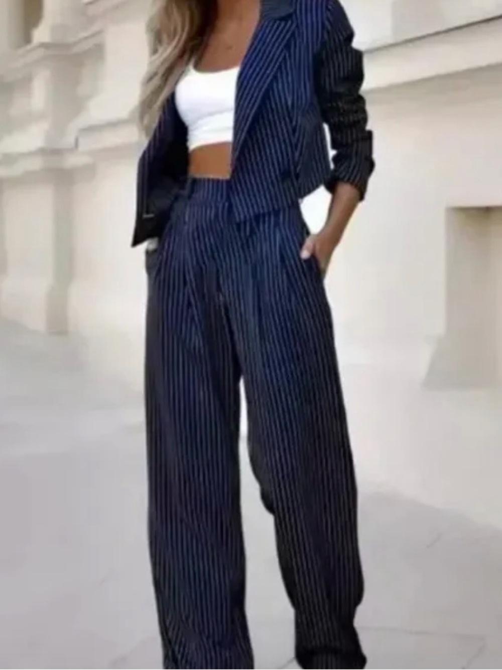 Pinstripe Navy Wide-Leg Pants